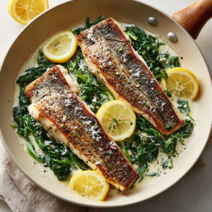Elegant Lemon-Garlic Sea Bass with Creamy Spinach & Parmesan Sauce