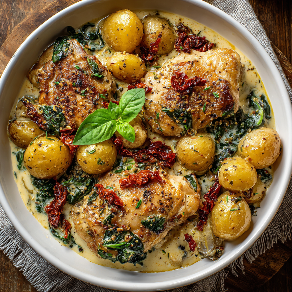 Creamy Tuscan Chicken & Potatoes : With Spinach, Sun-Dried Tomatoes & Garlic
