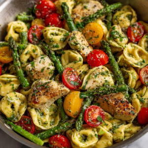 Pesto Chicken Tortellini Skillet with Asparagus and Tomatoes