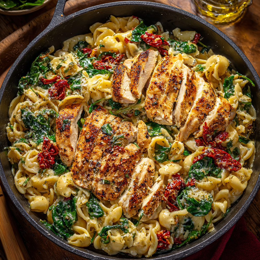 One-Pan Tuscan Chicken Pasta Skillet with Spinach & Sun-Dried Tomatoes