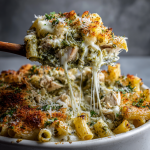 Cheesy Pesto Chicken Pasta Bake with Mozzarella & Crispy Topping