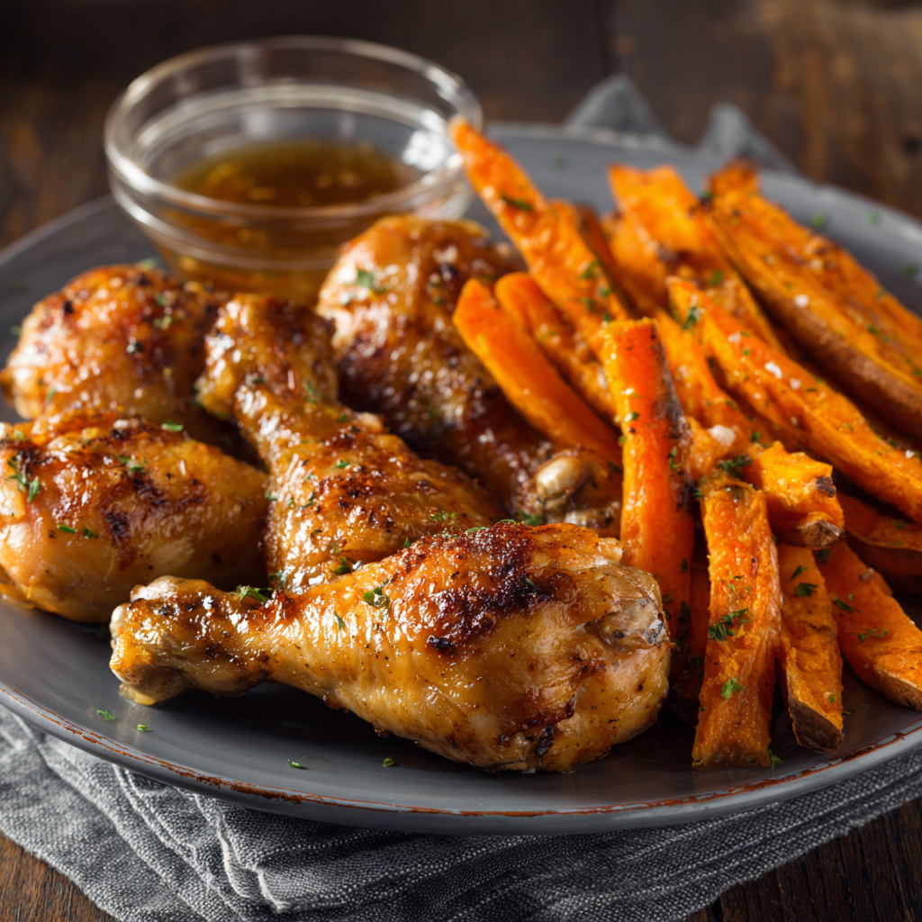 Baked Chicken Drumsticks with Sweet Potato Fries : High-Protein, Kid-Friendly Dinner