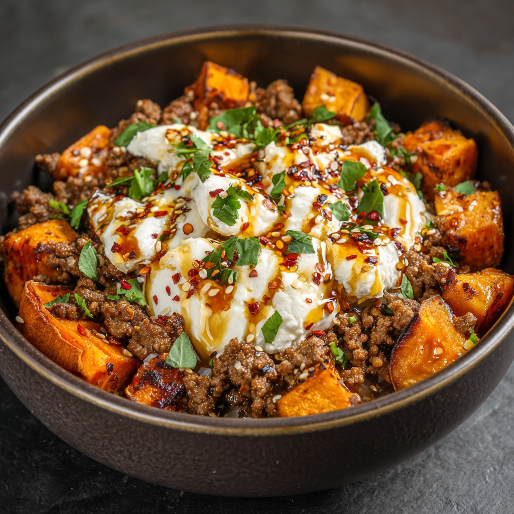 Hot Honey Cottage Cheese Sweet Potato Beef Bowl : Sweet, Spicy & Satisfying