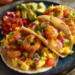 Easy Breakfast Shrimp Tacos with Scrambled Eggs & Avocado Salsa