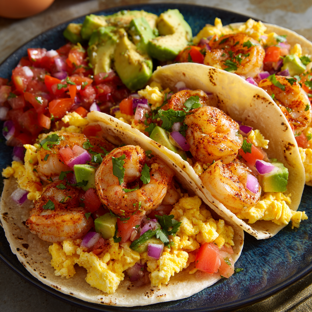 Easy Breakfast Shrimp Tacos with Scrambled Eggs & Avocado Salsa