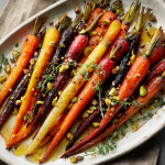 Honey-Roasted Rainbow Carrots with Thyme, Pistachios & Hot Honey