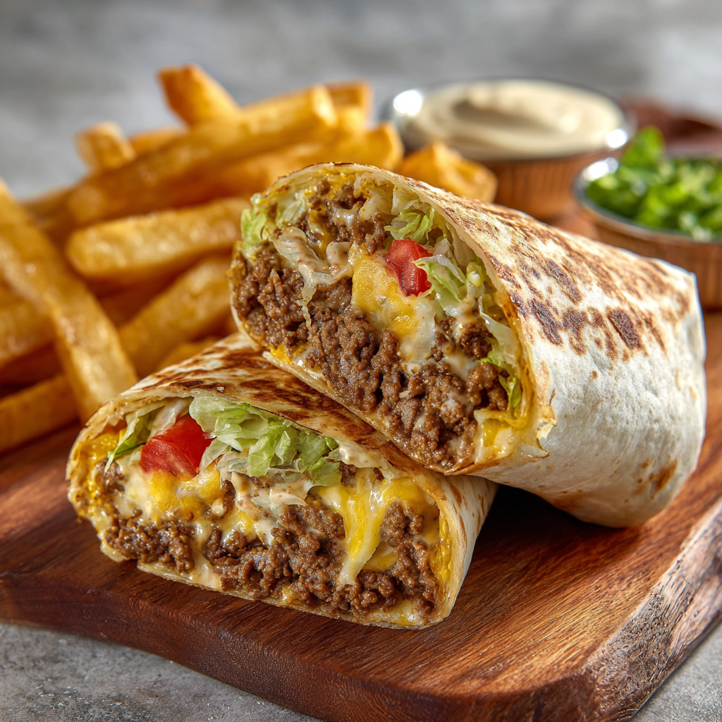 Cheesy Loaded Burger Wrap : Crispy Fries, Beef & Creamy Sauce