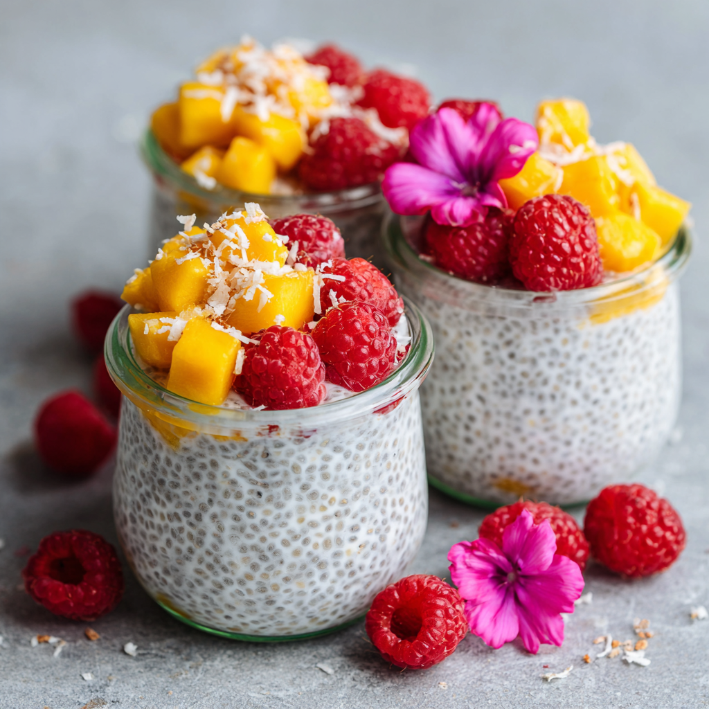 Coconut Chia Pudding Cups with Mango or Raspberries (Spring-Ready)